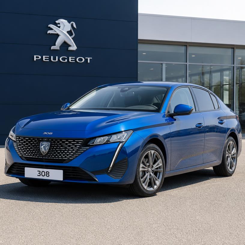 Peugeot 308 GT azul frente a un concesionario